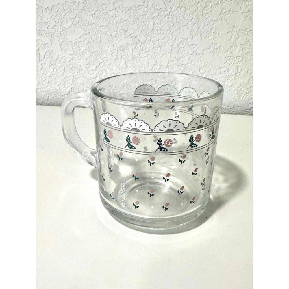 Vintage Anchor Hocking Clear Mug Glass Pink Roses Lace Design Floral with Handle - Picture 6 of 7